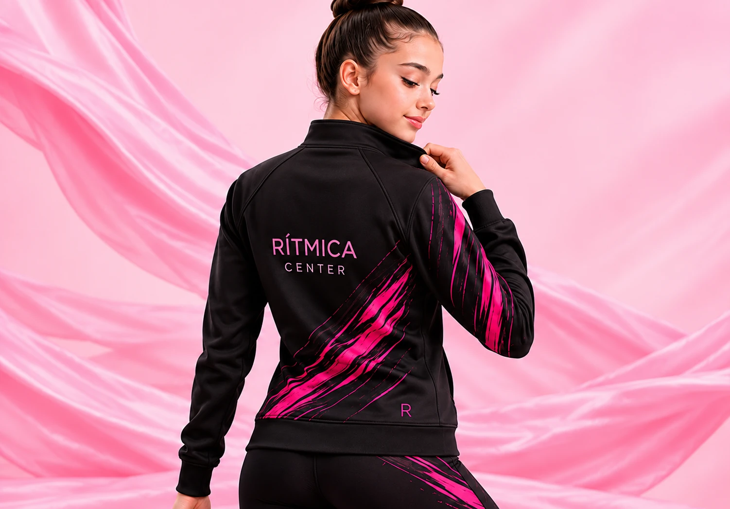 Deportista con chaqueta negra y fucsia de Rítmica Center vista de espaldas
